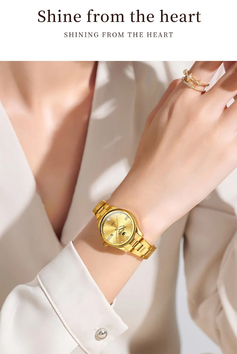 OLEVS Elegant Fashion Brand Women's Watches Gold Waterproof cCalendar Quartz Watch for Lady Stainless Steel Original Wristwatch