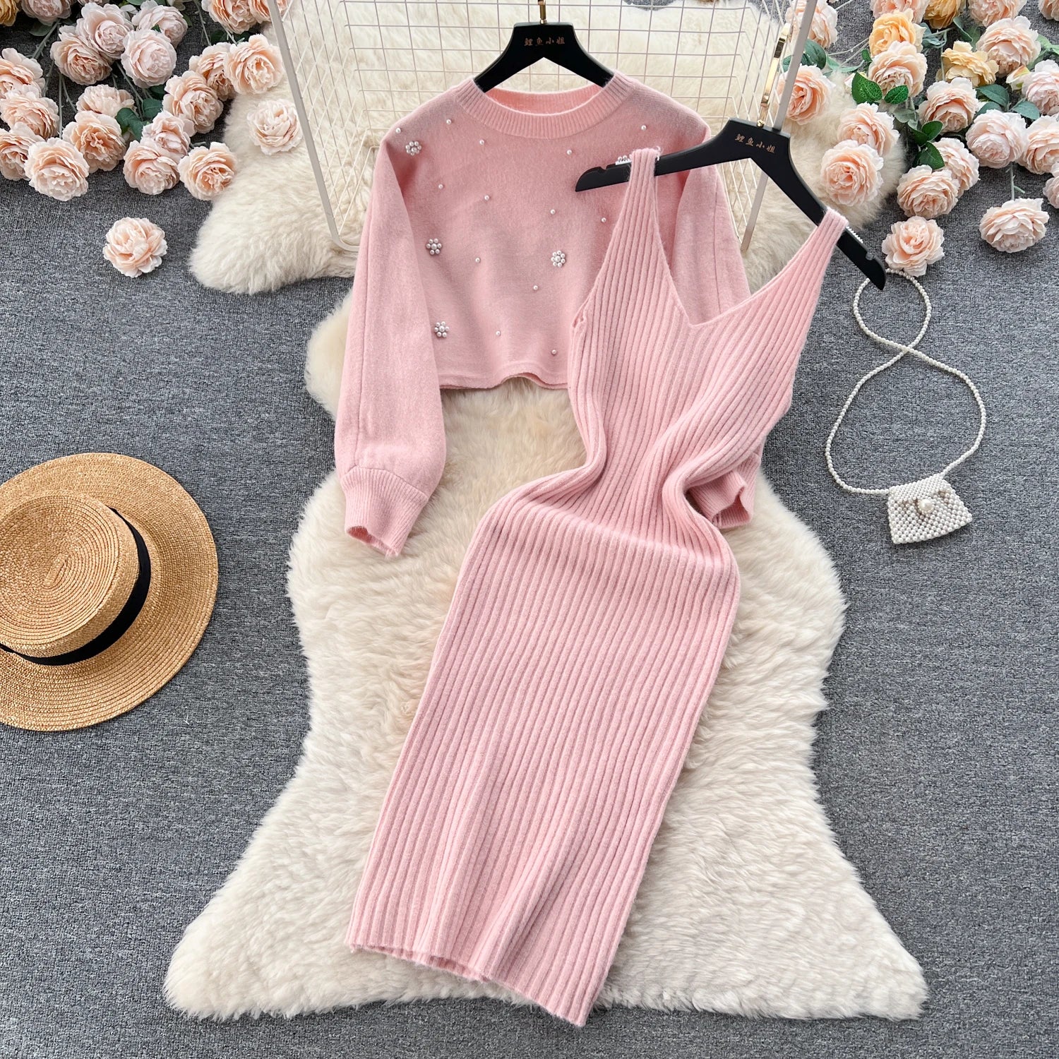 SINGREINY Beading Casual Two Piece Set Women Long Sleeve O Neck Pullover Midi Dress Fashion 2023 Winter Sweater Suit Dresses Badiee Stylez