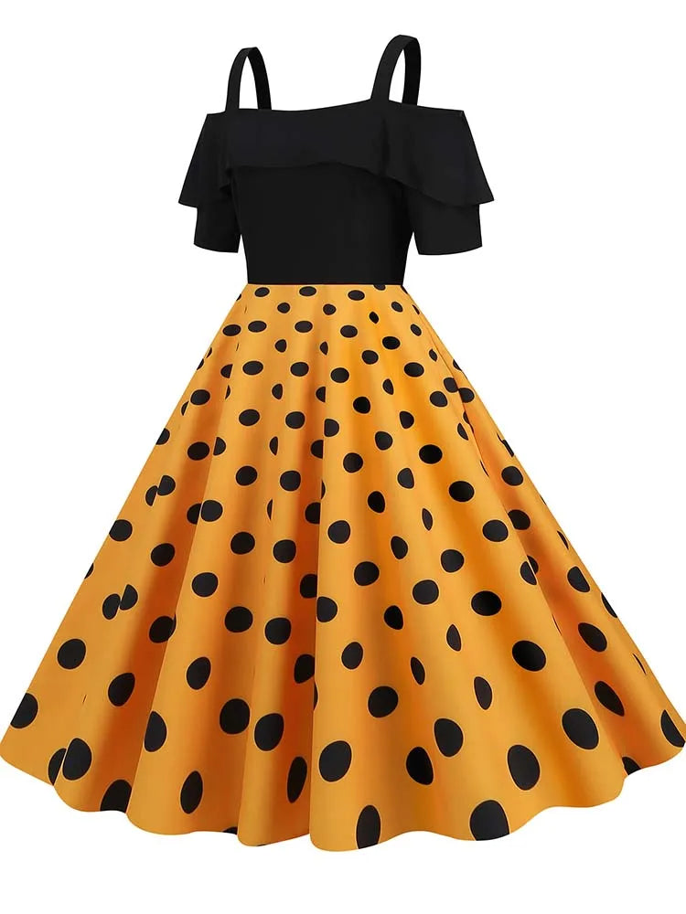 Off the Shoulder Elegant Vintage Party Dress Women Summer Polka Dot Ruffles A Line Midi Dresses Badiee Stylez