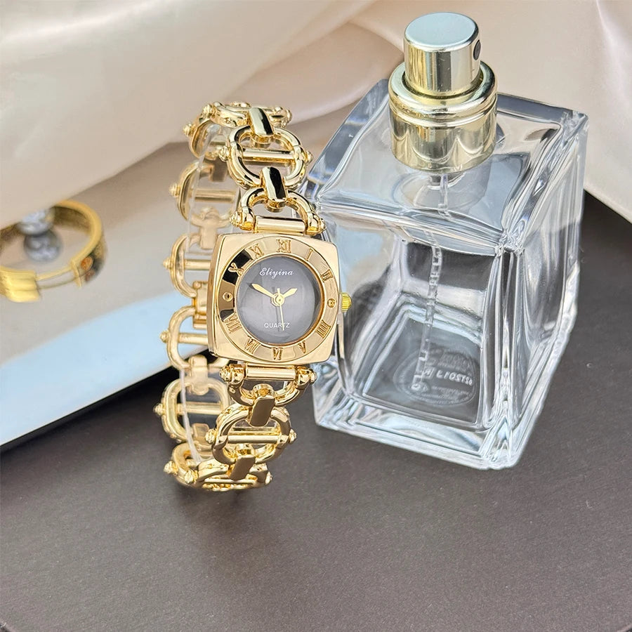 High-End Women's Skeleton Design Watch Square Roman Hour Markers Light Luxury Fashion Cross-Border Best-Seller Ladies Watch