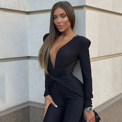 JUISSA MO Sexy Deep V-neck Ruched Women Jumpsuit Long Sleeve High Waist Playsuit Female Winter Bodycon Elegant Sporty Clothing Badiee Stylez