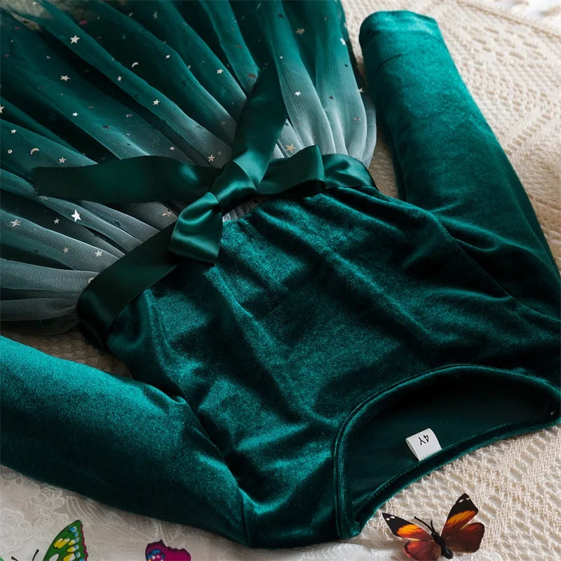 2025 Red Christmas Dress for Baby Girls Winter Long Sleeve Mesh Dresses for 3-8Yrs Kid Star Sequin Birthday Party Princess Dress