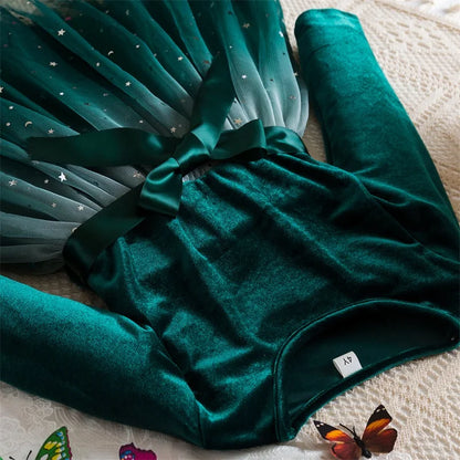 2025 Red Christmas Dress for Baby Girls Winter Long Sleeve Mesh Dresses for 3-8Yrs Kid Star Sequin Birthday Party Princess Dress