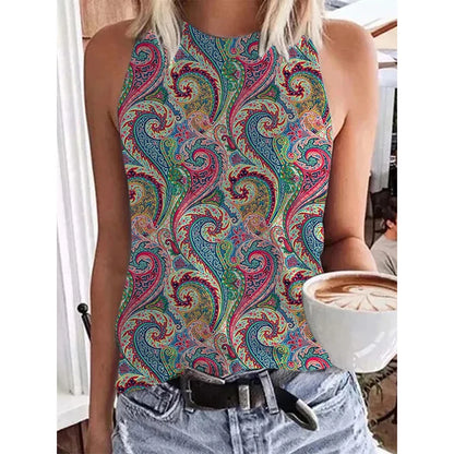 Ethnic Style Paisley 3D Print Tank Tops Women Retro Streetwear Y2k Oversized O-Neck Vest Off Shoulder Sleeveless Woman Camisole