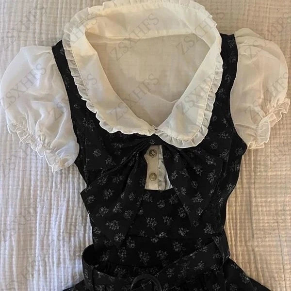 Sweet Gyaru Chic Dress y2k Summer Women's Clothing Floral Puff Sleeve Girdling Waist Lady Gowns Lace Up Ruffled Graceful Dresses Badiee Stylez