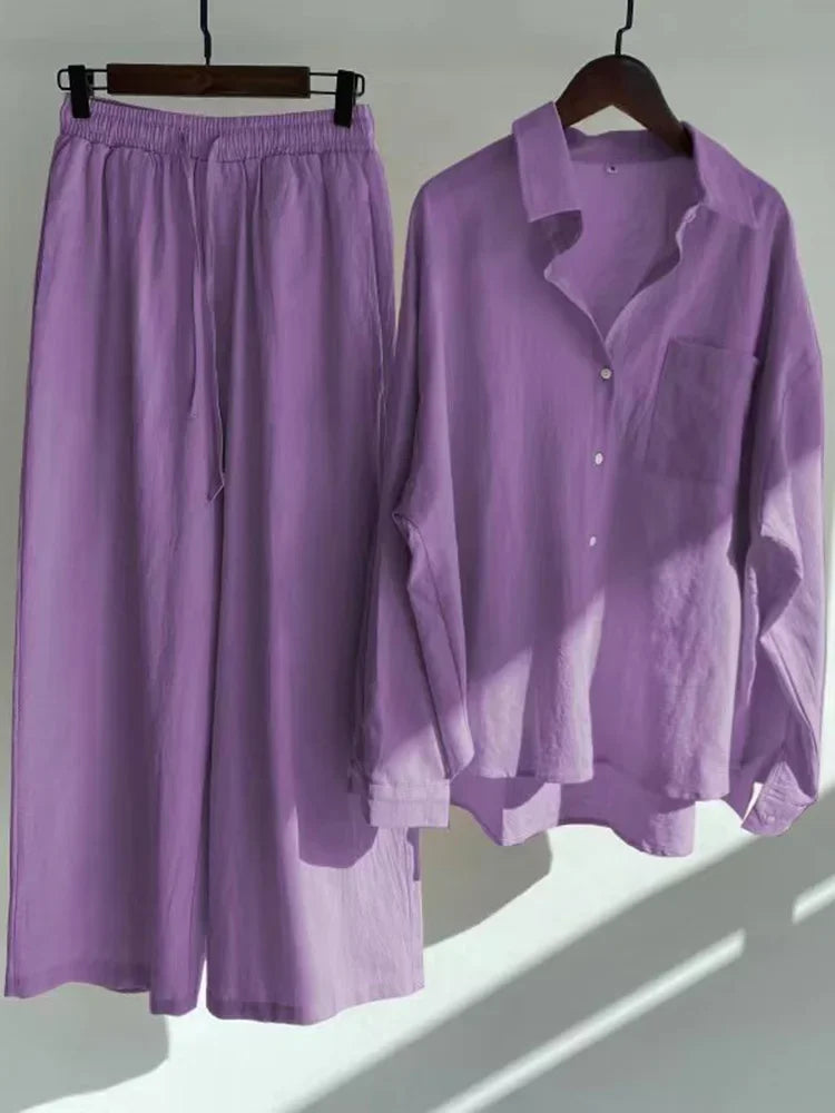 Pants Set Women Shirts Wide Leg Elastic Waist Cotton Linen Casual Sets Elegant Loose Long Sleeve Lapel Spring Shirt Y2k Suit Purple Set