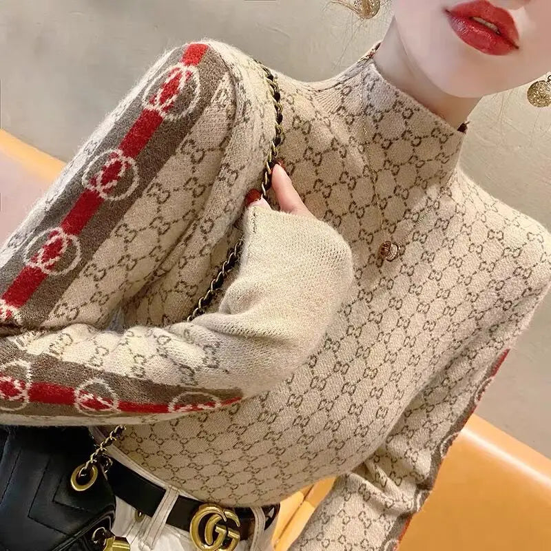 Women's Clothing Elegant Fashion Letter Knit Pullover Autumn All-match Slim Long Sleeve Half High Collar Pullovers Lady Chic Top