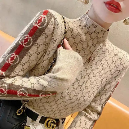 Women's Clothing Elegant Fashion Letter Knit Pullover Autumn All-match Slim Long Sleeve Half High Collar Pullovers Lady Chic Top
