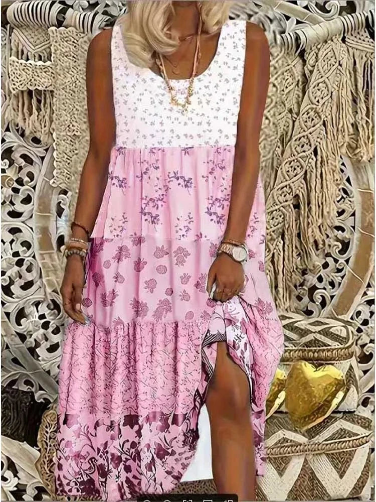 plus Size Women's Sleeveless round Neck Casual Dress Clashing Floral Print Maxi Summer Dresses for Women BT11-fen