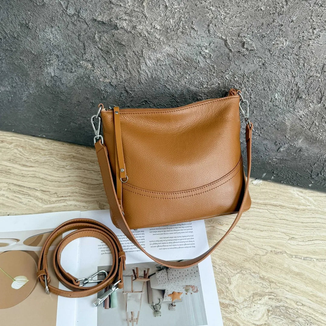 Women's Natural Cowhide Leather Crossbody Bag Two Straps- Convertible Shoulder Purse for Effortless Commuting Minimalist Tote caramel 24x 10 x 19 cm