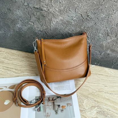 Women's Natural Cowhide Leather Crossbody Bag Two Straps- Convertible Shoulder Purse for Effortless Commuting Minimalist Tote caramel 24x 10 x 19 cm