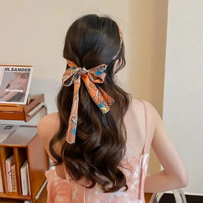 Retro Silk Scarf Headband Floral Print Pearl Braided Hairband Adjustable Bow Non Slip Ribbon Hairband for Women Girls Kid