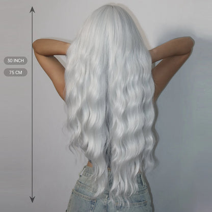Super Long Curly Silver Synthetic Wig with Fluffy Bangs White Water Wave Hair Wigs for Women Daily Use Cosplay Colored Hair Wig