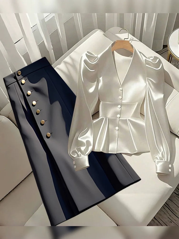 French Elegant Women's Shirt Luxury Waist Cinched White Satin Long Sleeve Shirt for Women Temperament Women's Elegant Blouses