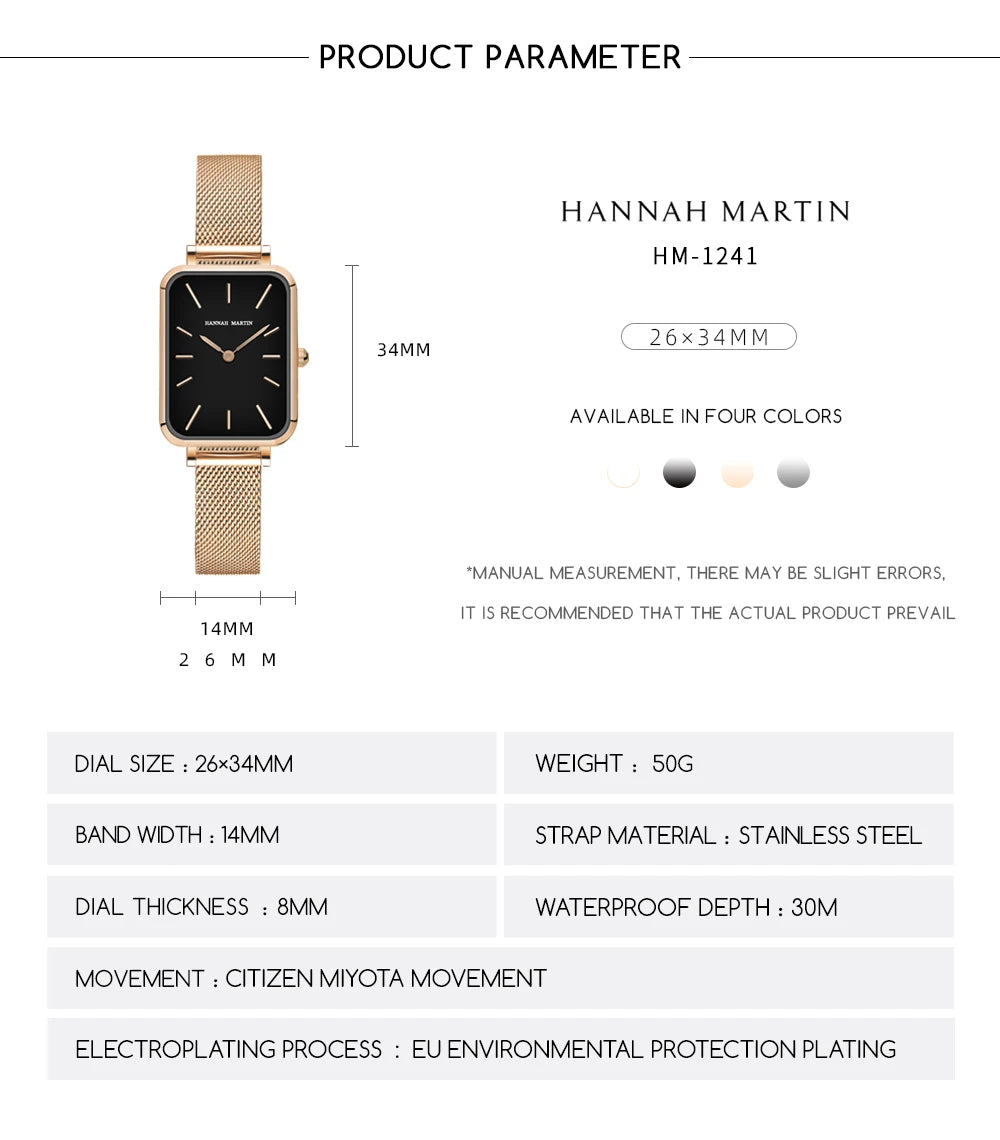 Square Women Stainless Steel Mesh Strap Watch Fashion Japanese Movement Rose Gold Simple Leisure Fashion Hannah Martin Watches