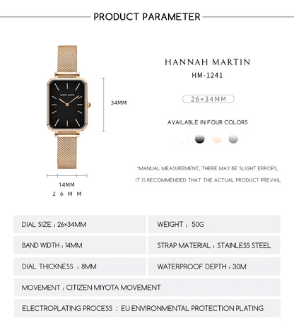 Square Women Stainless Steel Mesh Strap Watch Fashion Japanese Movement Rose Gold Simple Leisure Fashion Hannah Martin Watches