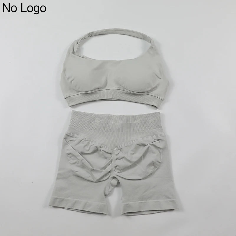 Fitness Shorts Sets Seamless Yoga Set Women 2Pcs Halter Sports Bra Scrunch Butt Gym Shorts Set Workout Clothes Summer Sportswear Badiee Stylez