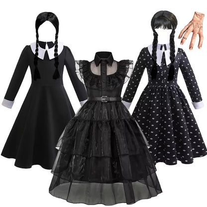 Black Dress Girls TV Series Role Playing Halloween Costume Toddler Adams Weirdo Family Cosplay Apparel Badiee Stylez