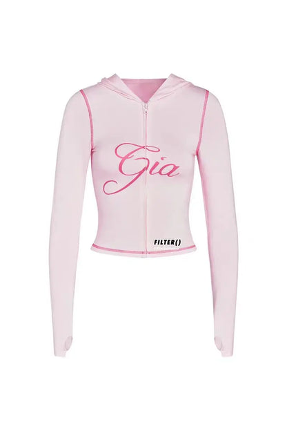 slim fit shoulder floral print bright line design slim fit hooded zipper short jacket pants for women pink top