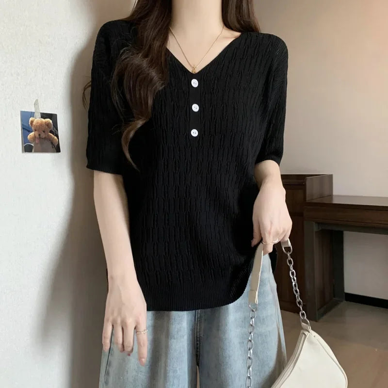Plus Size Women's Summer New Style Slim Fit Knitted Top Belly Covering T-Shirt for Plump Sister V-Neck Big Code Sweater