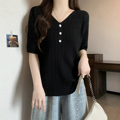 Plus Size Women's Summer New Style Slim Fit Knitted Top Belly Covering T-Shirt for Plump Sister V-Neck Big Code Sweater