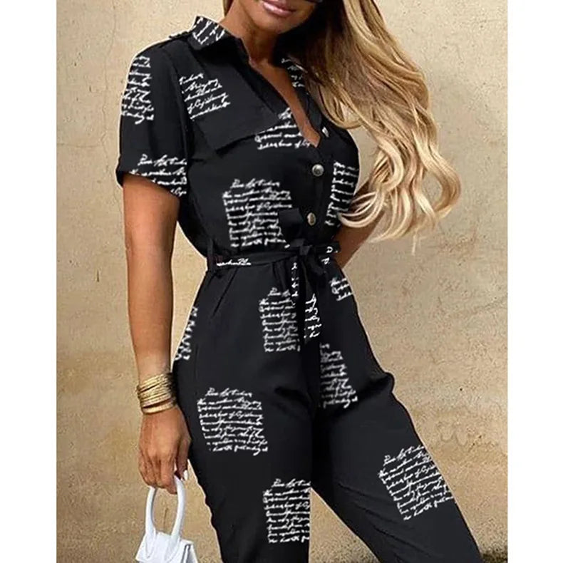 Women's Monochrome Jumpsuit 2024 Spring/Summer Comfortable Casual Flip Collar Printed Belt Work Dress Women's Jumpsuit