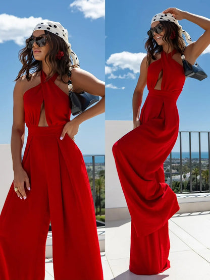 Sexy Solid Sleeveless Jumpsuit Spring Summer Fashion Commuter Women's Elegant Lapel Halter Neck Folds Wide Leg Trousers Jumpsuit Badiee Stylez