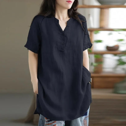 2024 Summer Fashion Cotton and Hemp Women's Shirt Commuting Style Casual Half Open Short Sleeve Casual Shirt Top