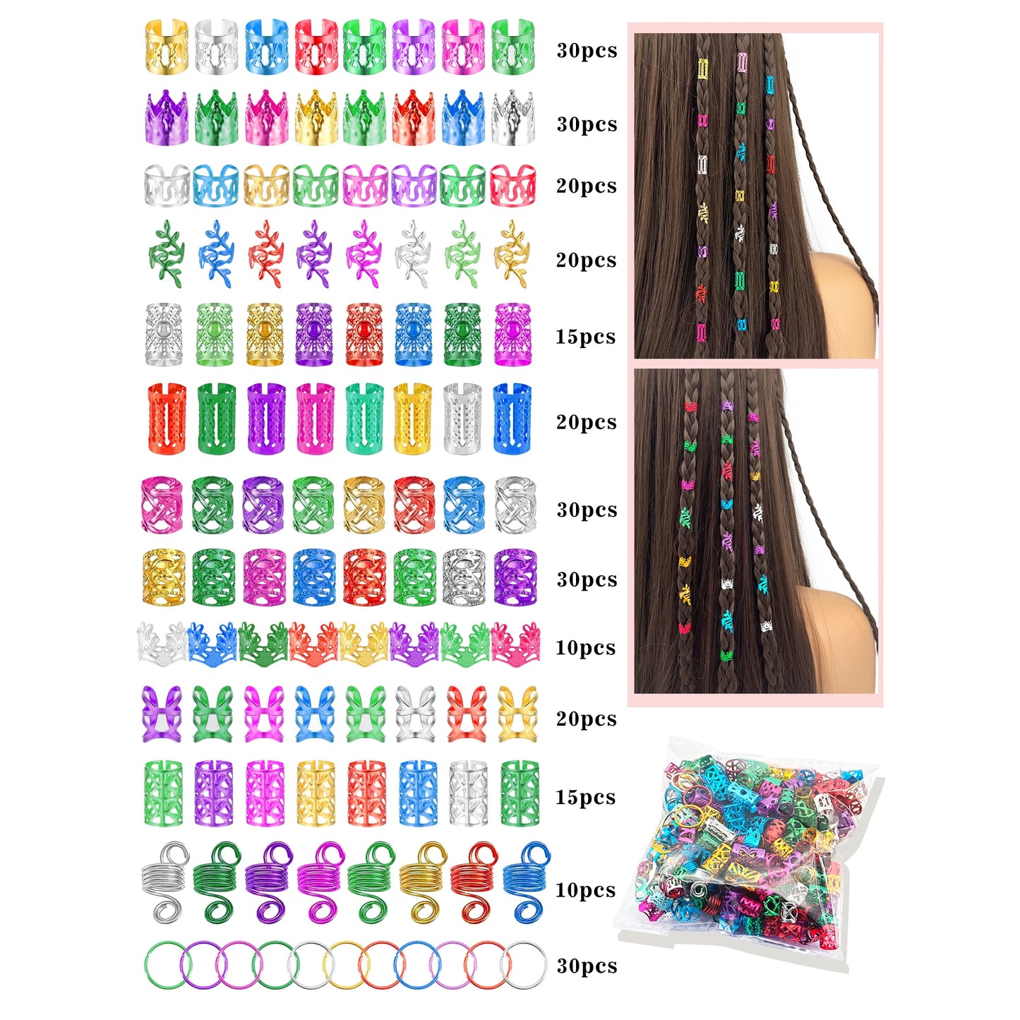 280pcs Alloy Hair Accessories Set, Elegant BOHO Style, Hollow Beaded Designs, Round Shape, Solid Color Hair Jewelry MULTI
