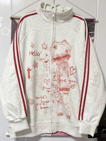 Japanese Y2k Aesthetic Stand Neck Sweatshirts Cute Kawaii Striped Anime Hoodie Harajuku Jk Casual Streetwear Loose Hoodies Women white grey