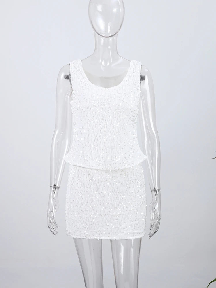 O-neck Vest Mini Skirt Suits Women Sexy sparkly Sequined Sleeveless Tank Tops With Bodycon Short Skirts Fashion Ladies Beachwear