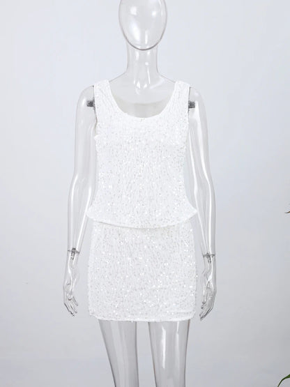 O-neck Vest Mini Skirt Suits Women Sexy sparkly Sequined Sleeveless Tank Tops With Bodycon Short Skirts Fashion Ladies Beachwear
