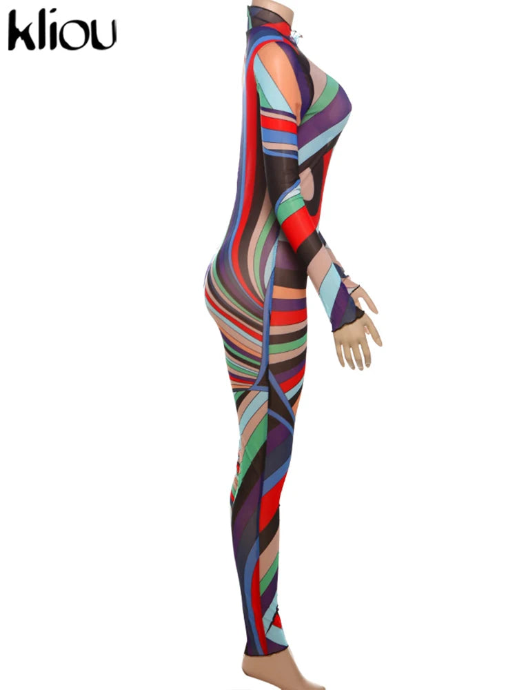 kliou Mesh Colorful Plaid Women Jumpsuits Fashion Panelled Full Sleeve Stand Collar Slim Overalls Female Stunnig Club One Piece