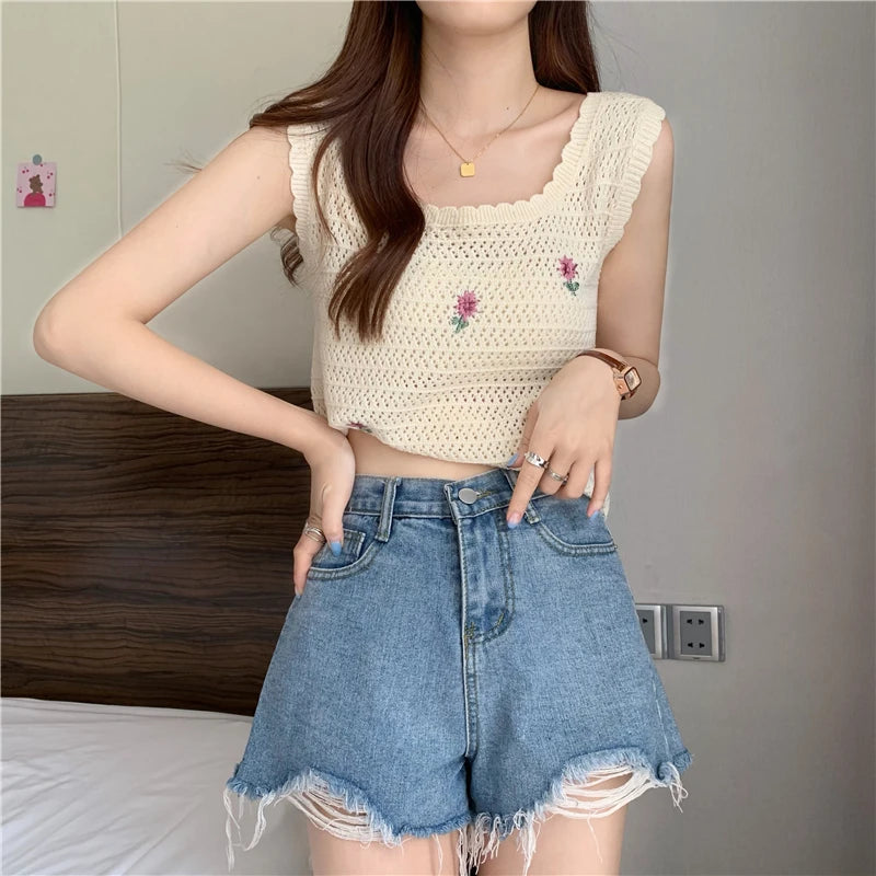 Women Summer Flower Embroidered Knit Tank Tops O-Neck Sleeveless Sweet Camisole Crochet Outer Wear Vintage Loose Inner Crop Tops