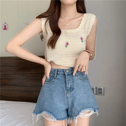Women Summer Flower Embroidered Knit Tank Tops O-Neck Sleeveless Sweet Camisole Crochet Outer Wear Vintage Loose Inner Crop Tops