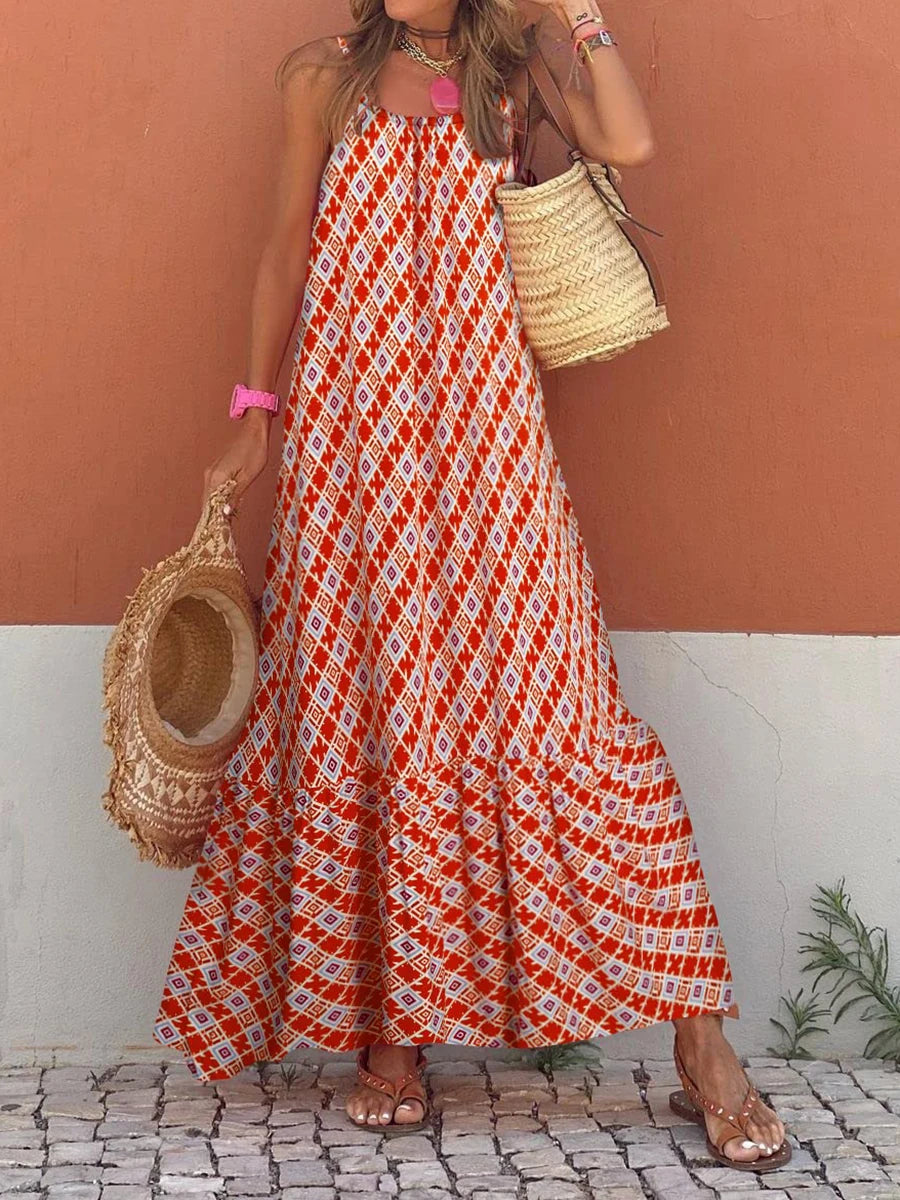 Women's Sleeveless Long Boho Dress Summer Loose Print Spaghetti Strap Flowy Dresses Bohemian Sundress Beachwear Party Coctail