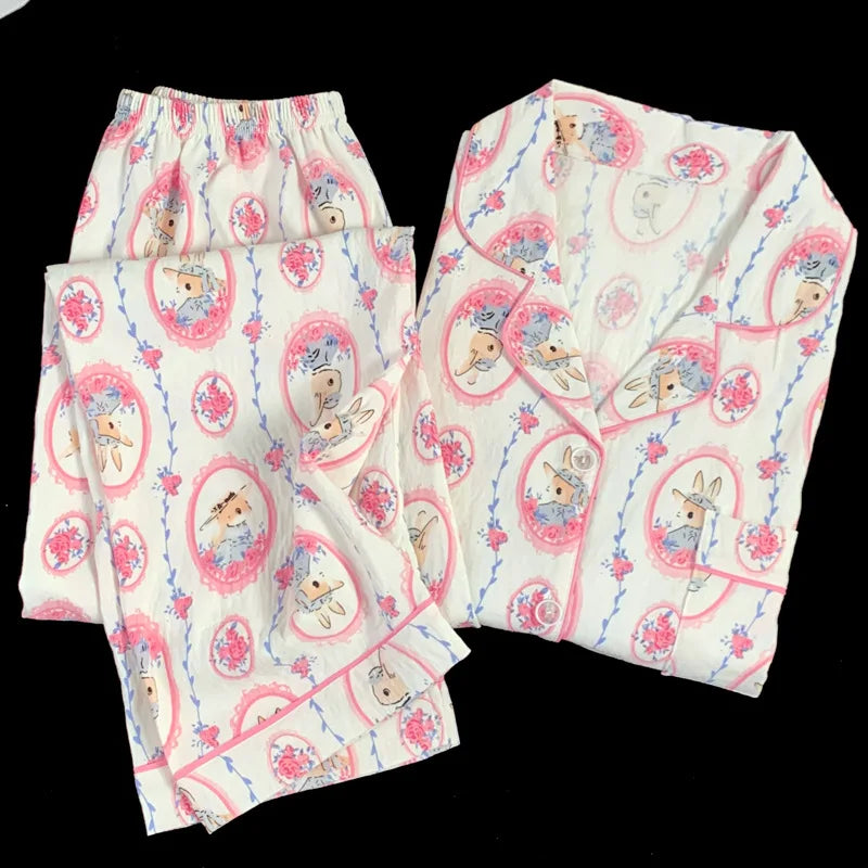 Spring and Autumn Women's New Cloud Cotton Pajamas Homewear Set Students Sweet Printing Long Sleeves Long Pants Pajamas Homewear