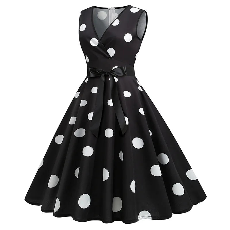 Summer V-neck sleeveless polka dot lace-up waist tucked vintage swing dress