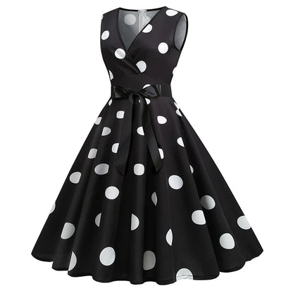 Summer V-neck sleeveless polka dot lace-up waist tucked vintage swing dress