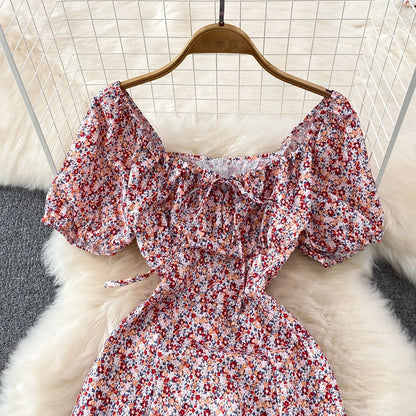 Summer Vintage Dress Blue Floral Summer Bubble Sleeve Tie Up Sexy Dresses Women A-line Print Split Long Dress Elegant Vestidos