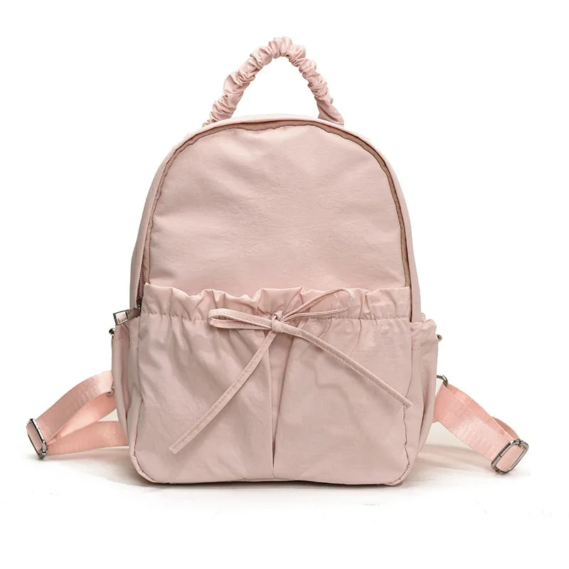 Simple And Versatile Drawstring Bow Large Capacity Backpack With Personalized Embroidered Name Nylon Backpack Pink