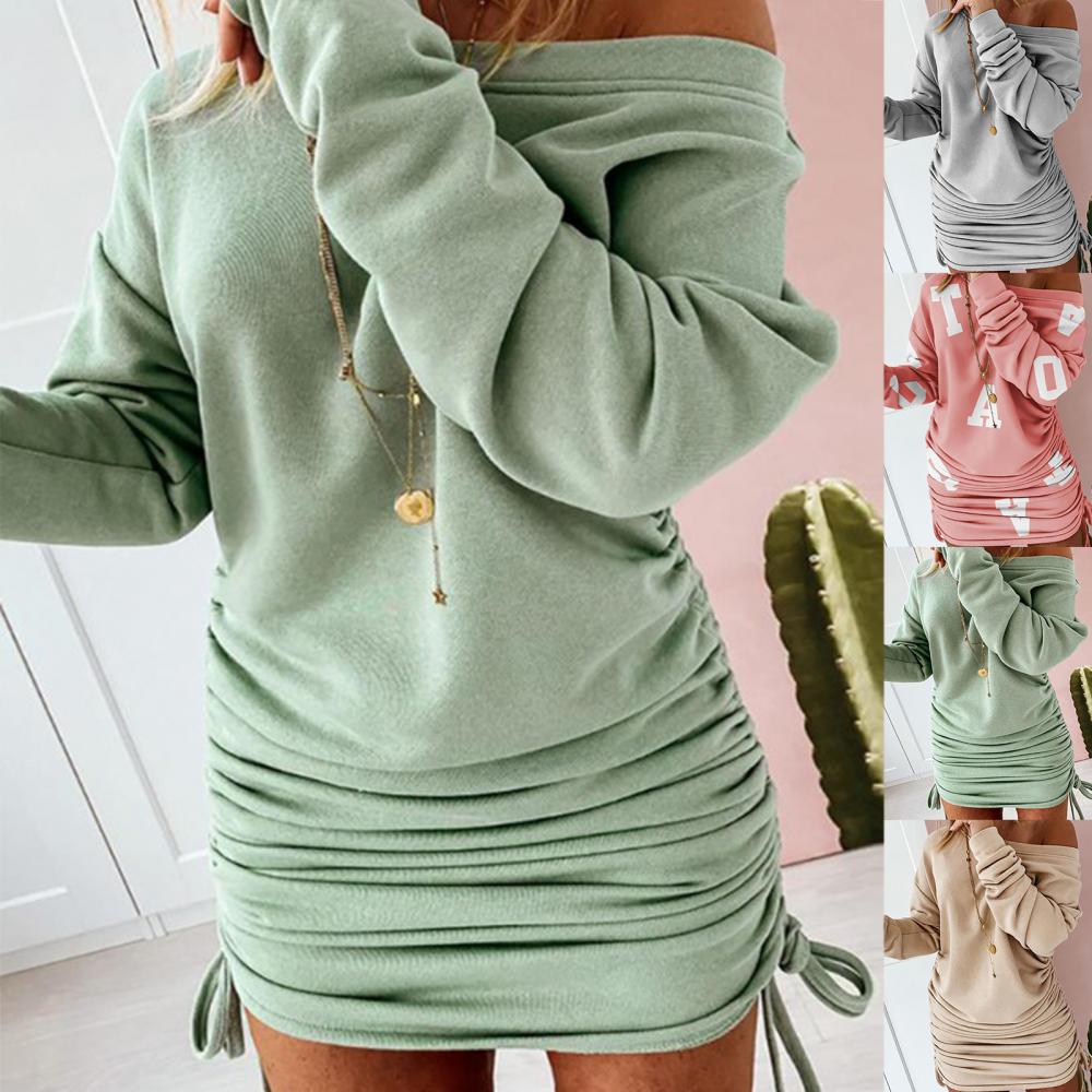 Off Shoulder Ruffled Drawstring Sexy Robe Autumn Pure Women Long Sleeve Mini Pencil Dress Sweatshirt Streetwear Dresses Female