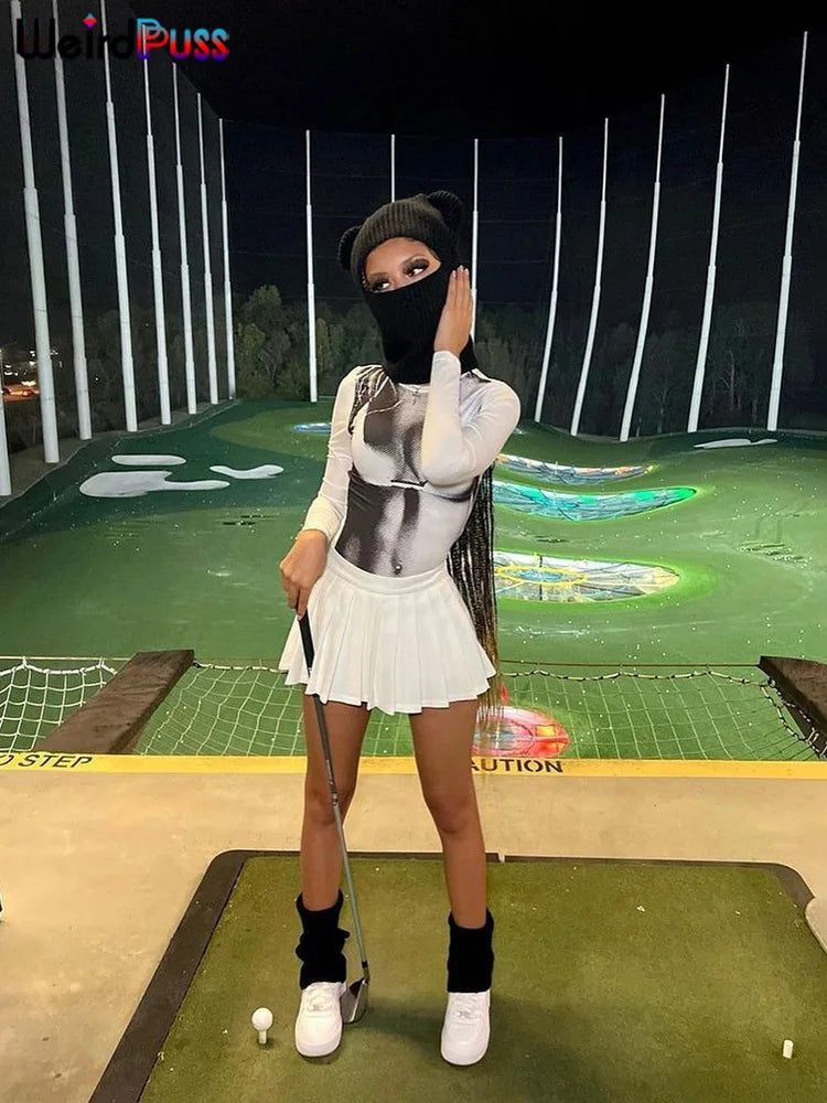 Weird Puss Sexy Print Women Crop Top Long Sleeve O Neck 2023 SpringTrend Skinny Wild Stretchy Vintage Midnight Streetwear Tees