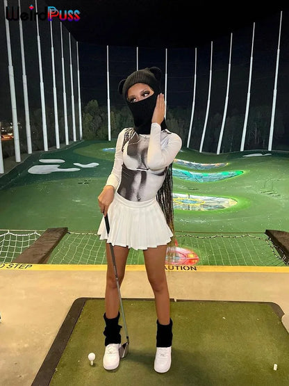 Weird Puss Sexy Print Women Crop Top Long Sleeve O Neck 2023 SpringTrend Skinny Wild Stretchy Vintage Midnight Streetwear Tees