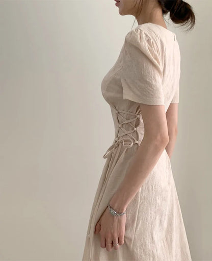 Cotton Linen Dress Long New Hot Sales Woman Short Sleeve Solid Retro Vintage Long Dresses