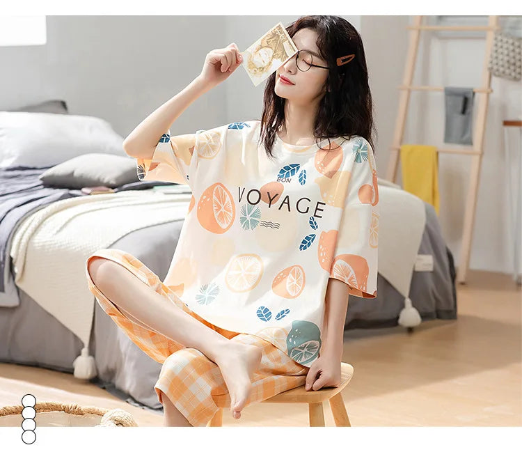 Summer Ladies Pajamas Loungewear Set Women's Summer Short Sleeve Cropped Pants Loungewear Thin Korean Casual Two-Piece Set