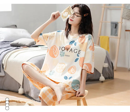 Summer Ladies Pajamas Loungewear Set Women's Summer Short Sleeve Cropped Pants Loungewear Thin Korean Casual Two-Piece Set