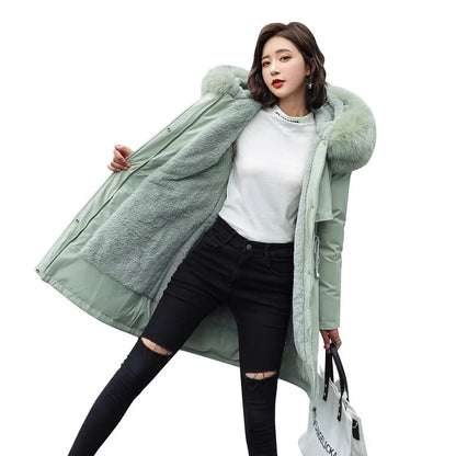 Thiened Fce Women's Cotton Jaet Korean Sle Slim Fit Mid-Length Parka Coat Warm Casual Outerwear for Winter Season