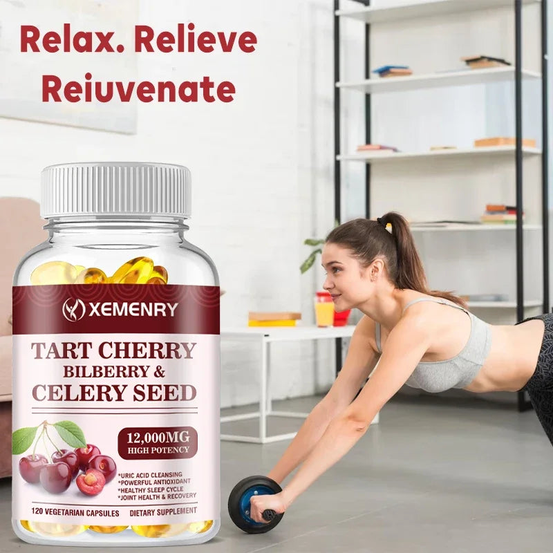 Organic Tart Cherry & Celery Seed Capsules - Uric Acid Cleanse, Support Sleep & Joint Health Muscle Repair Supplement