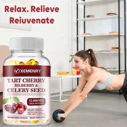 Organic Tart Cherry & Celery Seed Capsules - Uric Acid Cleanse, Support Sleep & Joint Health Muscle Repair Supplement